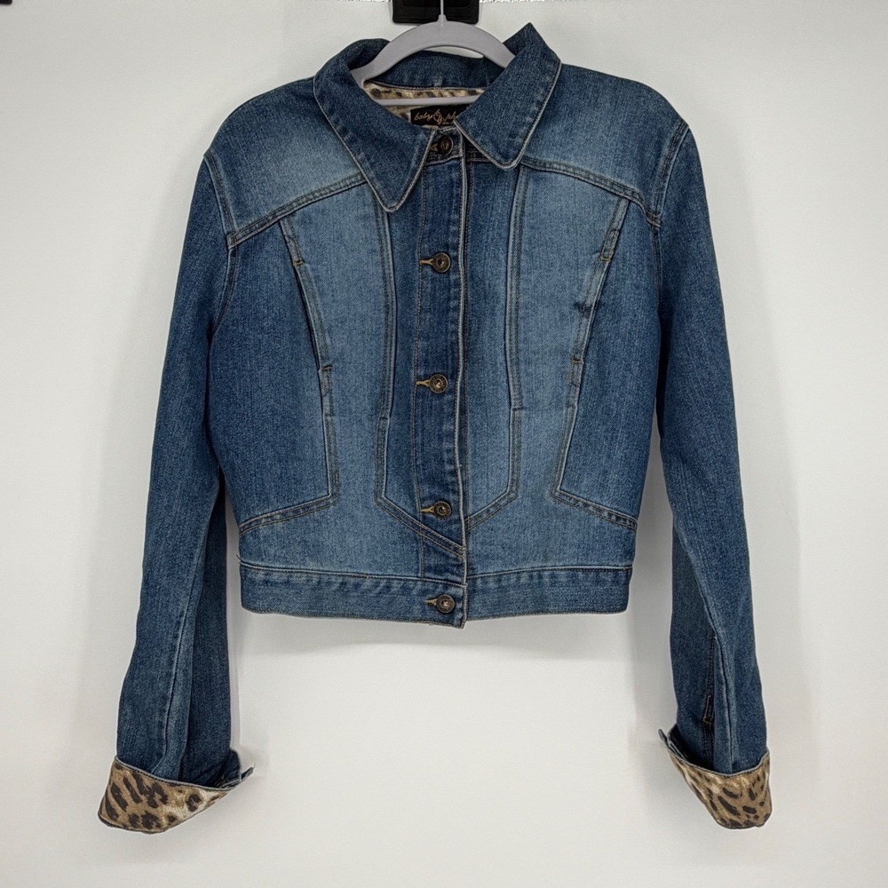 Vintage Baby Phat Y2K Denim‎ Jacket Studded Logo Back Leopard Cuff Jean Jacket